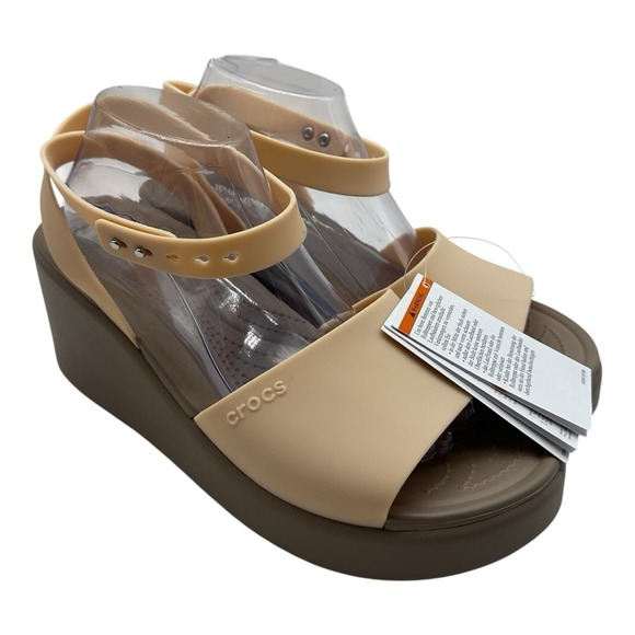CROCS Shoes - Crocs Brooklyn Ankle Strap Wedge Sandals Womens Sz 8 Shitake Beige Grey Shoes